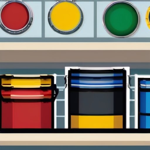 Организованное рабочее пространство для покраски пластиковых окон с красками, инструментами и подготовленной рамой.