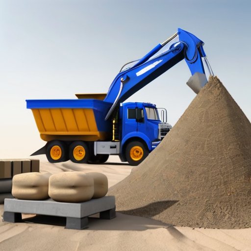 Строительная площадка с песком, цементом и бетономешалкой.