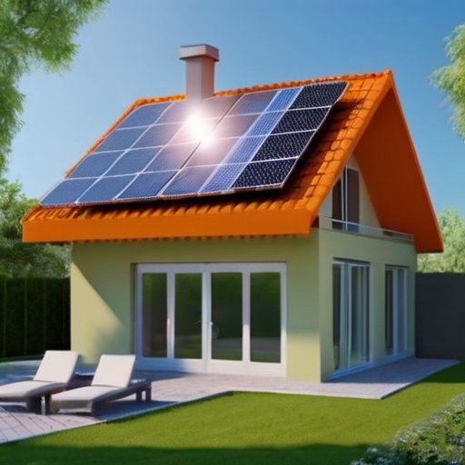 Современный энергоэффективный дом с солнечными панелями и приборами, показывающими потребление энергии.