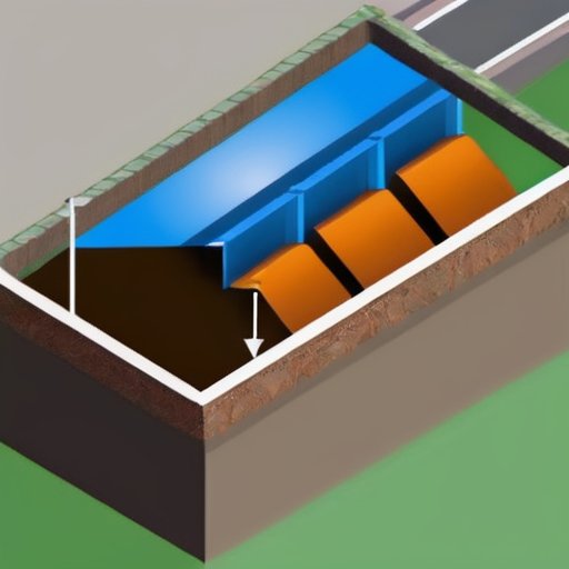 Строительная площадка с детальным планом котлована, инструментами и геометрическими формами.