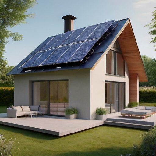Уютный загородный дом с солнечными панелями и ветряком, окруженный зеленью.