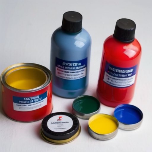 Организованный рабочий стол художника с красками, растворителями и средствами безопасности.