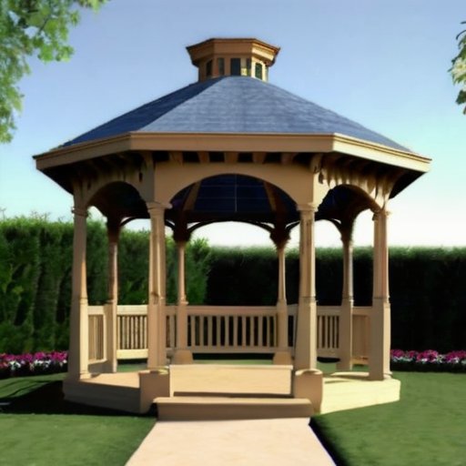 Чертеж беседки с обозначениями, инструменты и спокойный пейзаж.