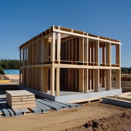 Строительная площадка с деревянным домом, фундаменты и строительные материалы.