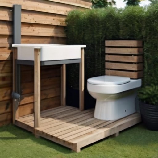 Деревенский туалет в саду с деревянным полом и различными материалами для покрытия, окруженный зеленью.