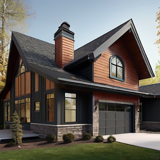 Дом с красивой двускатной крышей, выполненной из дерева, винила и металла на фоне спокойного пригородного пейзажа.