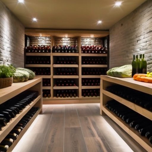 Подземный погреб с полками для овощей, фруктов и вина, кирпичными стенами и теплым освещением.