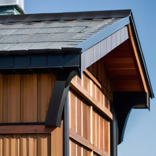 Современная крыша с деревянной обшивкой, металлическими панелями и кирпичными акцентами на фоне ясного неба.