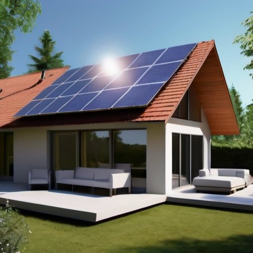 Современный уютный дом с солнечными панелями, энергоэффективной техникой и зеленью на фоне ясного неба.