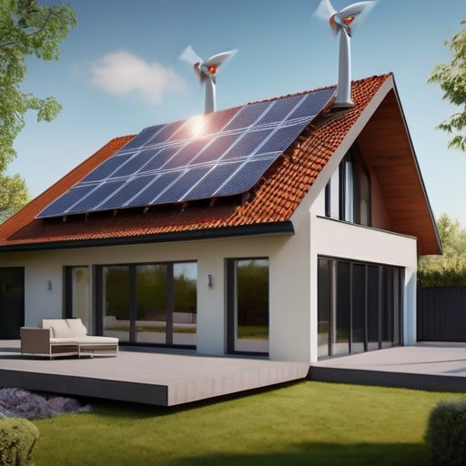 Современный уютный дом с солнечными панелями, утепленными окнами и садом с ветряной турбиной на фоне.