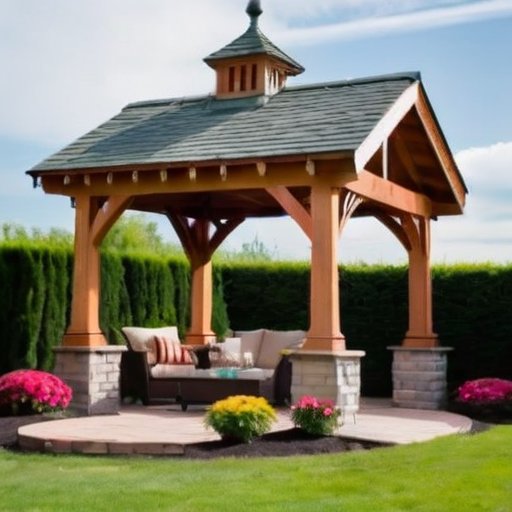 Красивый садовый беседка из дерева, окруженная цветами и зеленью, с инструментами для DIY.