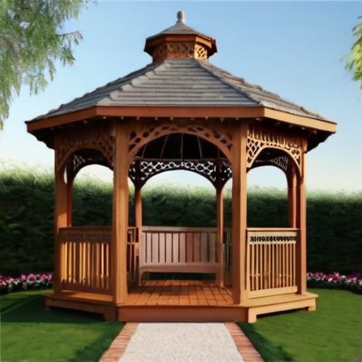 Элегантный беседка в саду с зеленью и цветами.