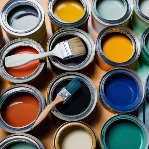 Организованное пространство ванной с банками краски, палитрой цветов и инструментами для покраски.