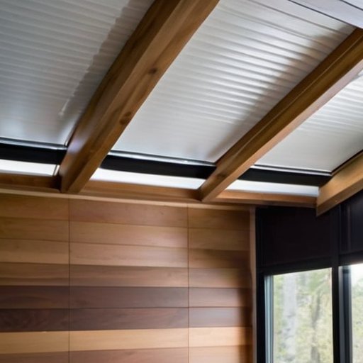 Деревянный потолок в уютном интерьере с естественным освещением и стильными акцентами.