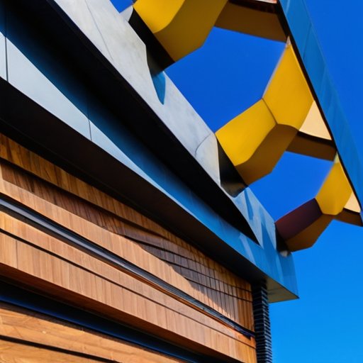 Современное здание с разнообразными материалами облицовки: дерево, металл, винил, композит, камень, кирпич и фиброцемент на фоне ясного голубого неба.