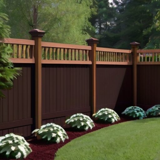 Сад с евро-заборами разных цветов на фоне зелени и цветов.