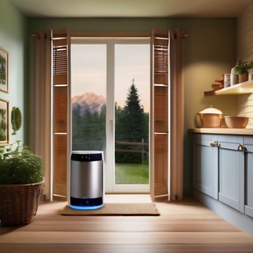 Уютный летний коттедж с современным электрическим водонагревателем на кухне, маленьким садом за окном и деревянным столом, накрытым для чая.