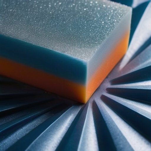 Близкий план текстурированной поверхности с синей пеноплексной плитой, приклеенной к металлической основе, и морозными узорами по краям. Рядом находится контейнер с клеем для холодной погоды.