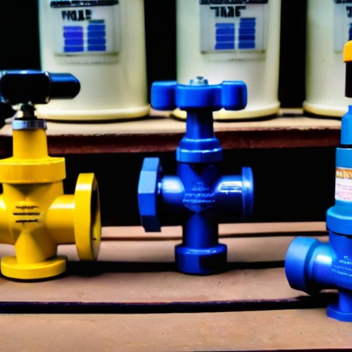 Разнообразные промышленные предохранительные клапаны на верстаке с инструментами и средствами безопасности.