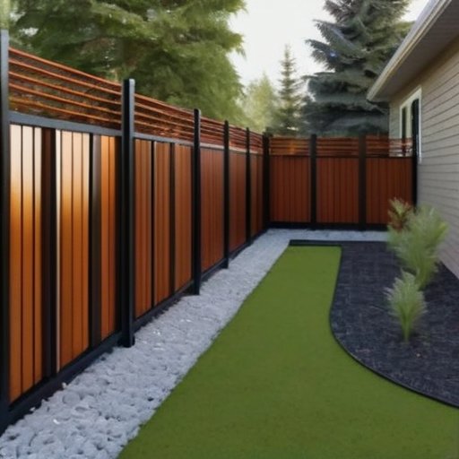 Металлический забор с аккуратно закрытой нижней частью, окруженный декоративными камнями и низкими растениями, с инструментами для установки.