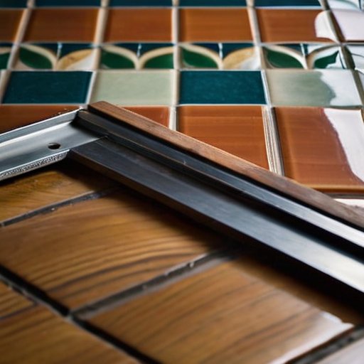 Красивая плитка на деревянном полу с инструментами для укладки.