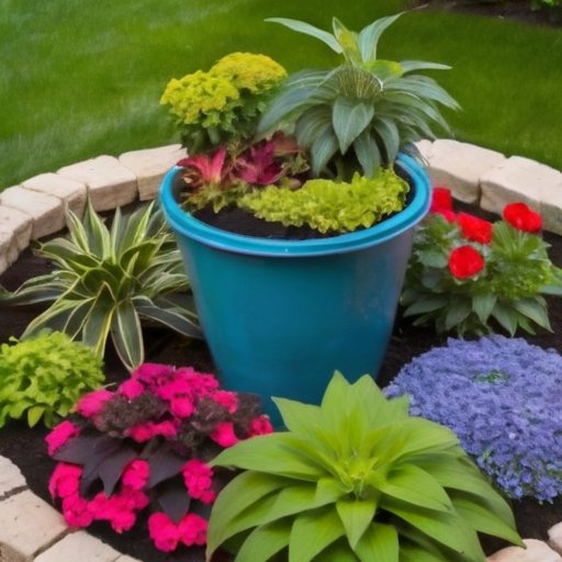 Яркий сад с цветными горшками, керамзитом на поверхности почвы, зелеными листьями и солнечным небом.