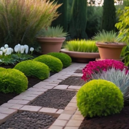 Садовая сцена с керамзитом как дренажным слоем под здоровыми растениями и яркими цветами.