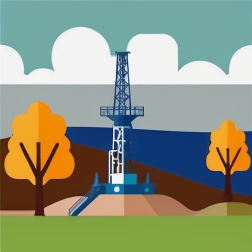 Спокойный пейзаж с буровой установкой и сезонными элементами: тающий снег, зелень, яркие листья и легкий снег. Разнообразные типы почвы и чистое небо.