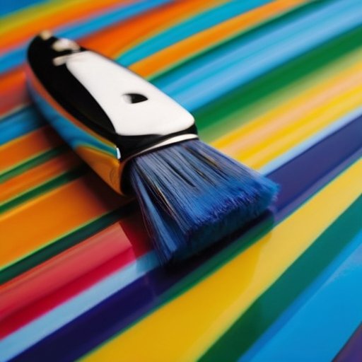 Яхта с ярким корпусом на спокойной воде, рядом с образцами краски и инструментами для покраски.