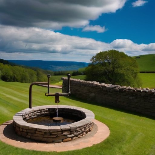 Классический каменный колодец в зелёном ландшафте с деревянной крышей и ведром.