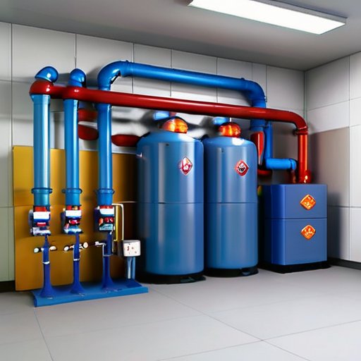 Современная котельная с газовым котлом, насосом, расширительным баком и системами безопасности.