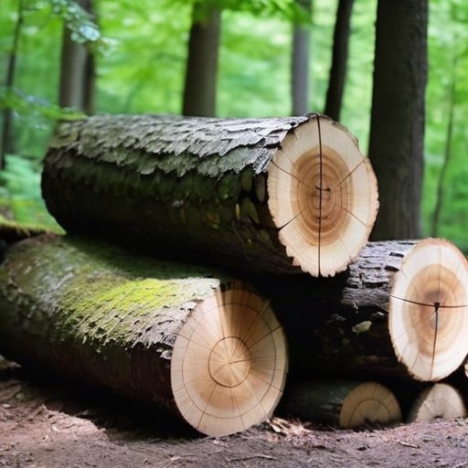 Стопка аккуратно нарезанных липовых бревен на фоне спокойного леса с зелеными листьями и солнечными лучами, рядом небольшой уютный костровище с дымком.