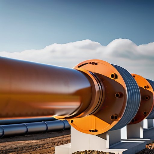 Современная газопроводная система: трубы, фитинги и строительное оборудование на фоне ясного неба.