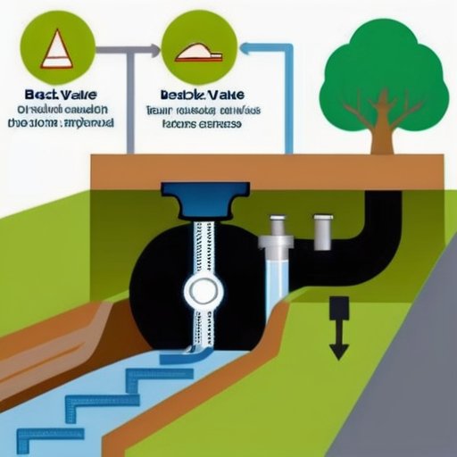 Схема сечения канализационной системы с обозначенным клапаном обратного потока, стрелками, показывающими движение сточных вод и предотвращение обратного потока.