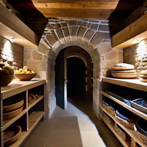 Подземный погреб с каменными стенами, полками с консервами, деревянной дверью и маленьким окном.