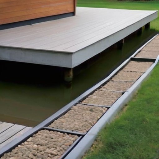 Фундаментная дренажная система для деревянного дома с бетонной отмосткой, дренажными трубами и уклоном для стока воды.