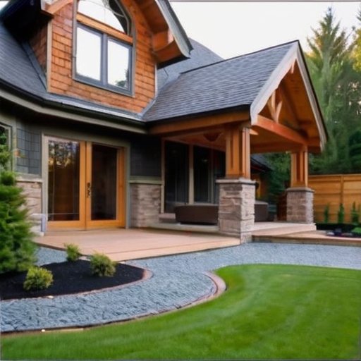 Фундамент вокруг деревянного дома с различными материалами и ухоженным садом.