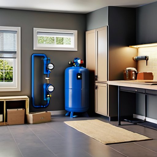 Современная котельная с газовым котлом на верстаке, инструментами и планами.