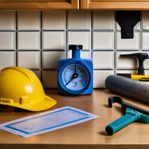 Кухня с газовым счетчиком, строительными инструментами и чертежом размещения счетчика.