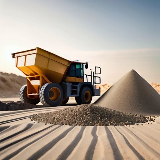 Строительная площадка с песком, гравием и инструментами для работы с бетонной смесью.