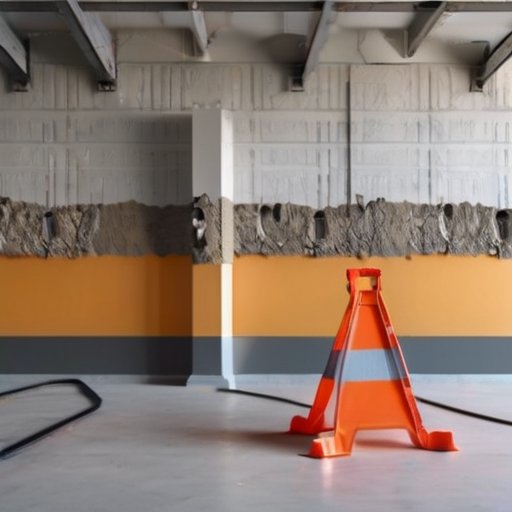 Строительная площадка с стеной, пластиковыми маяками для штукатурки, инструментами и акцентом на процесс удаления маяков.