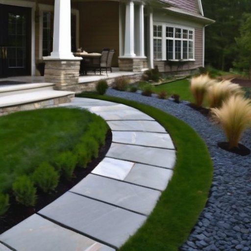 Красивый ландшафтный дизайн с каменной дорожкой и зелеными растениями.