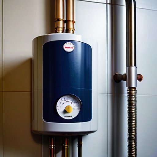 Водонагреватель в уютной котельной с паром, конденсатом и звуковыми волнами, символизирующими необходимость обслуживания.