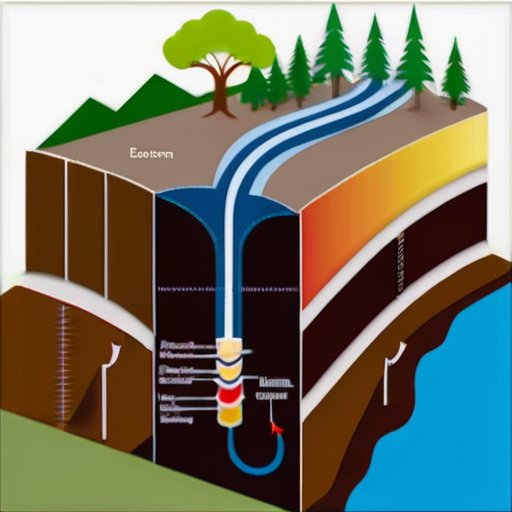 Срез Земли с подземными газовыми резервуарами, буровыми установками и экологическими элементами.