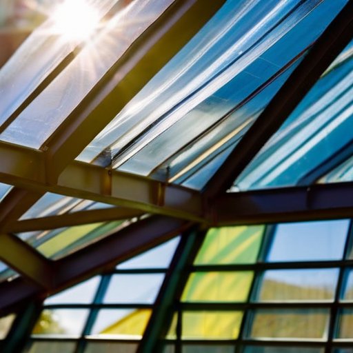 Прозрачный поликарбонатный лист с иконкой солнца, блокирующий УФ-лучи, на фоне строительного участка и теплицы.