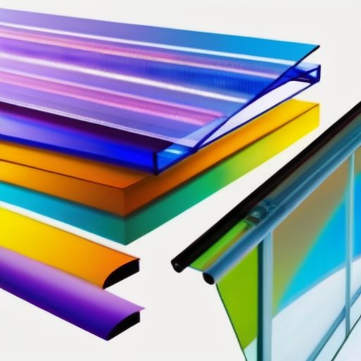 Прозрачный поликарбонатный лист под ярким солнцем, демонстрирующий прочность и прозрачность, с ультрафиолетовыми лучами. На фоне - строительные элементы, такие как теплица и кры