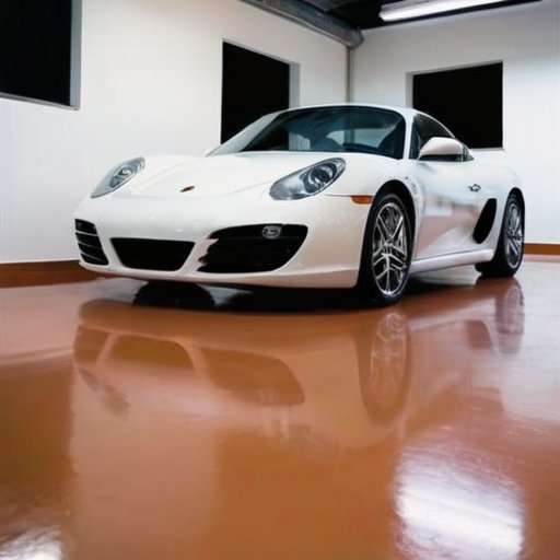 Современный интерьер гаража с полированным полом из полусухой стяжки, аккуратно организованными инструментами и контрастом между чистым полом и грубыми стенами.