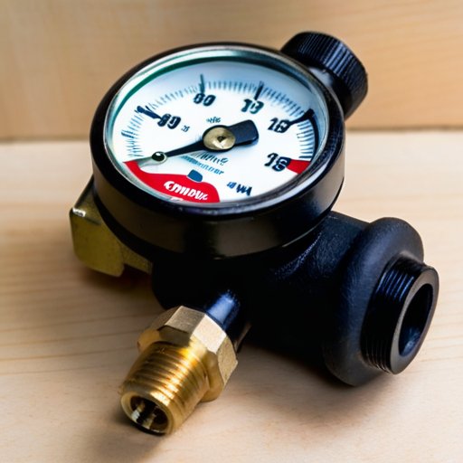 Регулятор газа с пометками, рядом с газовым баллоном, инструменты на столе, акцент на безопасность и обслуживание.