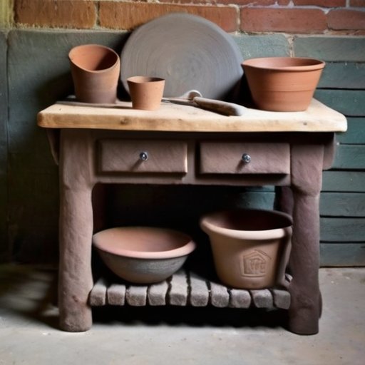 Рустикальный верстак с инструментами для смешивания шамотной глины и кирпичной печью на заднем плане.