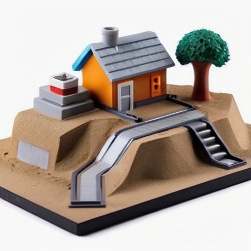 Строительная площадка с бетонной станцией, мешками цемента, песком, источником воды и измерительными инструментами. На доске - схема оптимальных соотношений песка и цемента. На фоне - частично постро